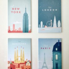 Collection of 4 vintage travel posters: In clockwise order from top left - New York, London, Paris and Barcelona. Modern travel poster illustrations by Henry Rivers