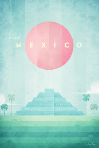 Mexico travel poster by Henry Rivers - aztec design, tropical art print, green pink vintage poster