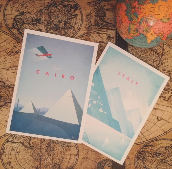 Cairo and Italy travel poster artworks on a vintage map. Artist Henry Rivers.