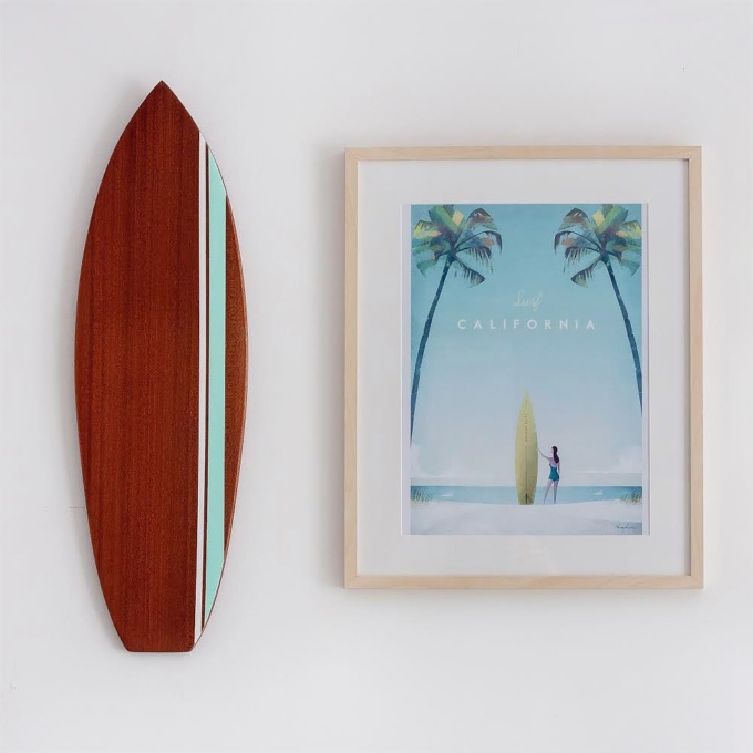 california illustration poster print with surf board interior