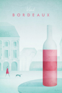 Bordeaux, France Travel Poster - Minimalist Poster Art by artist Henry Rivers. - vintage style illustration of Bordeaux by British artist Henry Rivers. Bordeaux's skyline and a bottle of red wine.