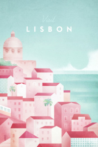 Lisbon, Portugal Travel Poster - Minimalist Poster Art by artist Henry Rivers. - Vintage style illustration of the rooftops of Lisbon with shades of terracotta, pink and orange.