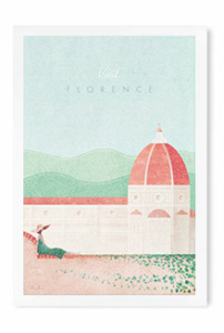 Florence, Italy Vintage Travel Poster Art Print by Henry Rivers. Minimal contemporary illustration of a woman sitting on a wall in Florence with hills in the distance.