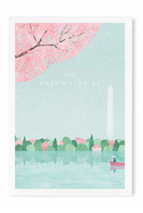 Washington D.C. Vintage Travel Poster Art Print by Henry Rivers. A woman on a red boat drifts on a lake in Washington DC with cherry blossom trees in the distance.