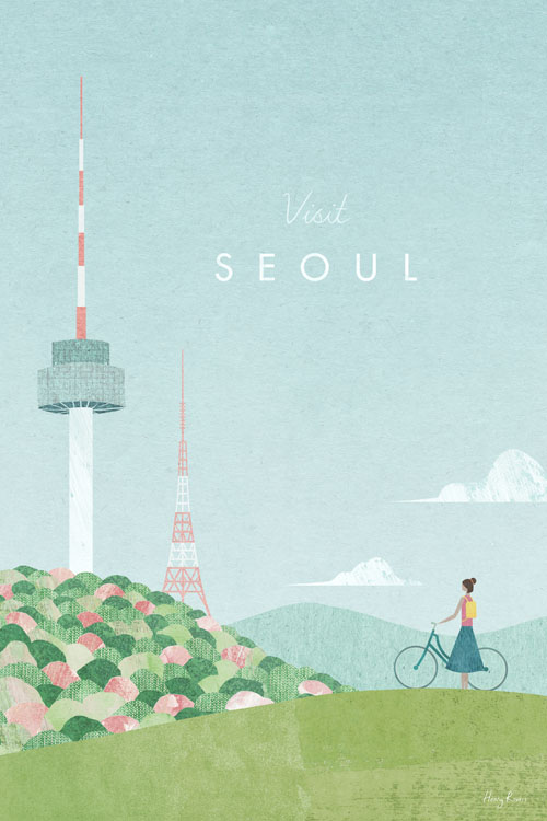 Poster Wall Editions 'Visit Seoul' - Illustrazione Di Henry Rivers, Stampa Artistica Su Carta Opaca 200g, Formato 50x70 Cm Con Margini Bianchi