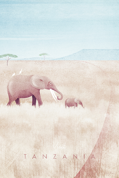 Tanzania Travel Poster - Minimalist Vintage Travel Poster Art Print by artist Henry Rivers. An illustration of an African safari with Elephants, wild Savannah and Mount Kilimanjaro.
