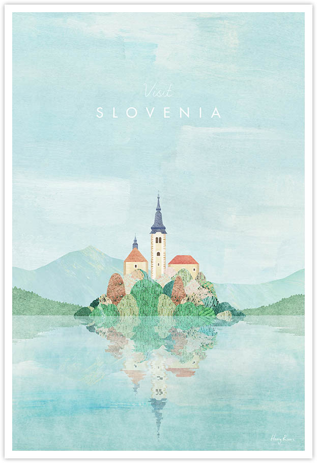 Slovenia Travel Poster - Art Print by Henry Rivers / Travel Poster Co. - Visit Slovenia poster art by Henry Rivers. Illustration of Lake Bled, Slovenia with mountains and forest in the background and reflection in the surface of the lake.