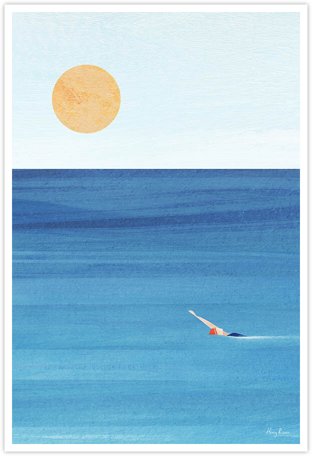 Ocean Sunset Swim Travel Poster - Art Print by Henry Rivers / Travel Poster Co. - Illustrated paint collage of a woman doing backstroke in the ocean.