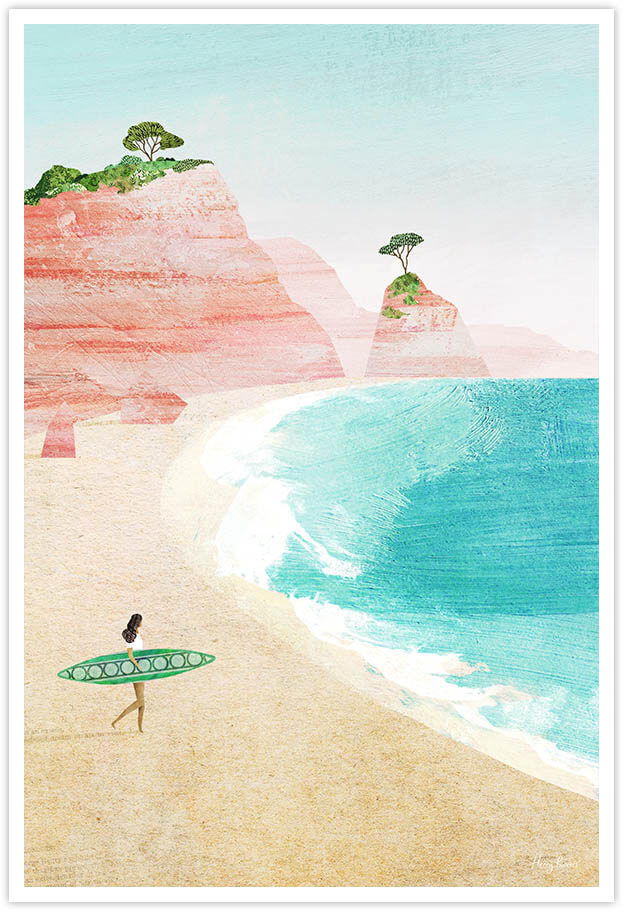 Surf Girl Algarve Travel Poster - Art Print by Henry Rivers / Travel Poster Co. - Visit the Himalayas poster art by Henry Rivers. View of a wild beach on the coast of Portugal with pink cliffs and giant waves.