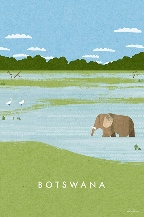 Botswana, Africa Travel Poster - Minimalist Vintage Travel Poster Art Print by artist Henry Rivers. Illustration of an elephant in the flooded wetalnds of Chone National Park, Africa.