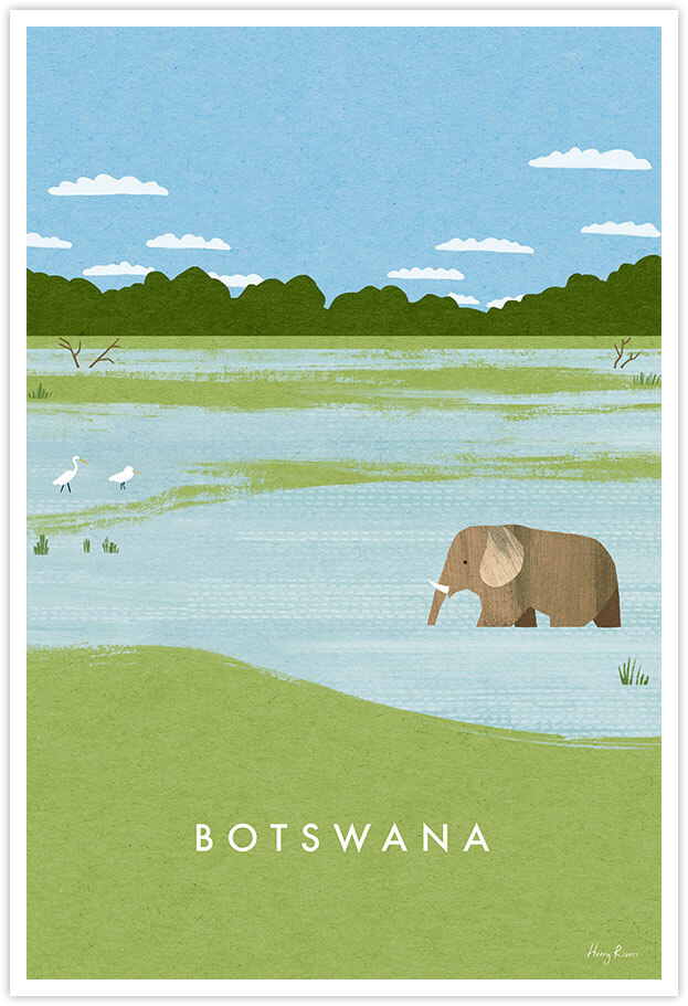 Botswana, Chobe National Park Travel Poster - Art Print by Henry Rivers / Travel Poster Co. - Visit Botswana poster art by Henry Rivers. Elephant and egrets in the Chobe National Park wetlands. Africa travel art.