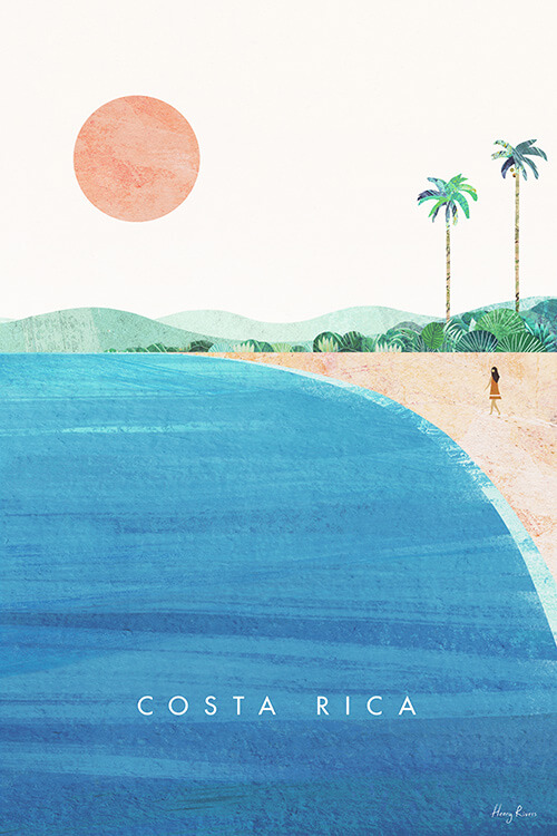 Costa Rica Travel Poster - Minimalist Vintage Travel Poster Art Print by artist Henry Rivers. Beach scene of Costa Rica's sandy coast.