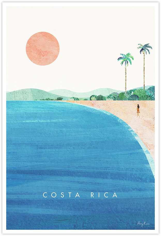 Costa Rica Travel Poster - Art Print by Henry Rivers / Travel Poster Co. - Visit Costa Rica poster art by Henry Rivers. Travel art of a girl walking on a beautiful beach with blue ocean, palm trees and orange sun.