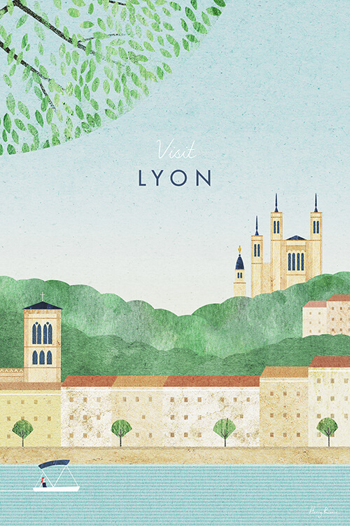 Lyon Travel Poster - Minimalist Vintage Travel Poster Art Print by artist Henry Rivers. Illustration of Lyon's waterfront buildings lining the Rhone River with La Basilique Notre Dame de Fourvière on the hill behind.