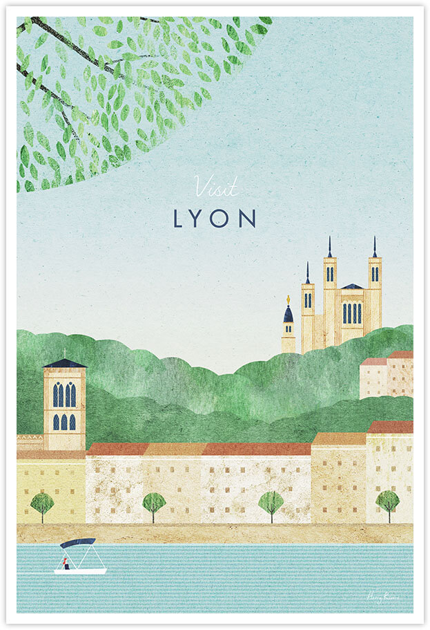 Lyon, France Travel Poster - Art Print by Henry Rivers / Travel Poster Co. - Visit Lyon poster art by Henry Rivers. La Basilique Notre Dame de Fourvière and the Rhone river with trees and traditional French houses.