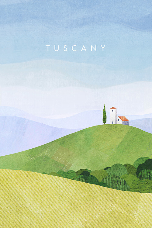 Tuscany Italian Travel Poster - Minimalist Vintage Travel Poster Art Print by artist Henry Rivers. Foreground of a wheat field, with Chapel of the Madonna di Vitaleta on a hill.