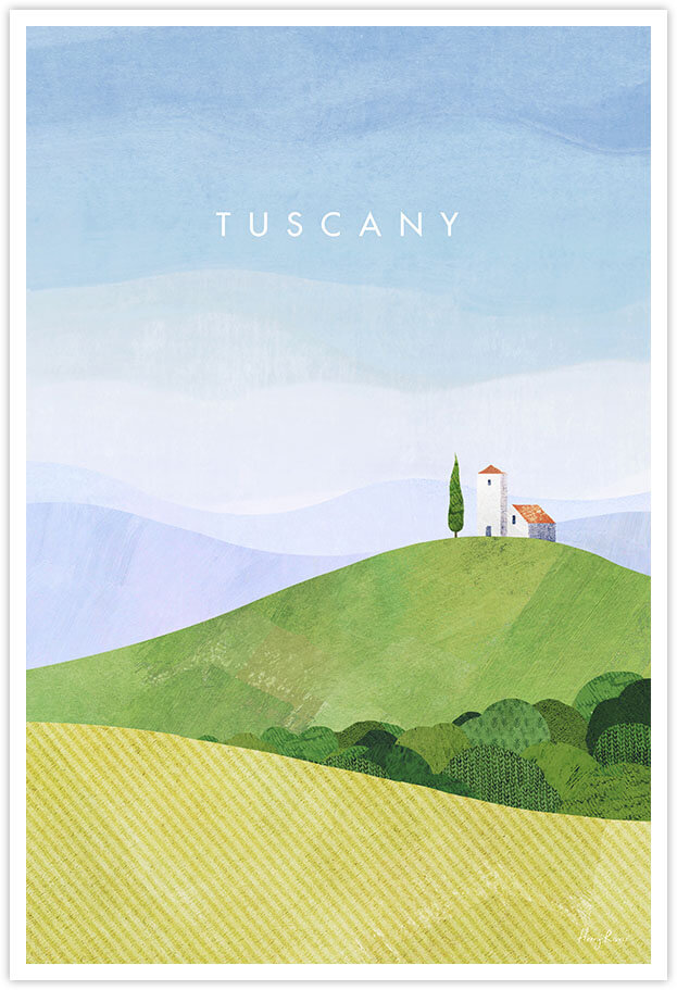 Tuscany Landscape, Italy Travel Poster - Art Print by Henry Rivers / Travel Poster Co. - Visit Tuscany poster art by Henry Rivers. A chapel on a hill in rural Tuscany. Green and yellow fields and distant hills.