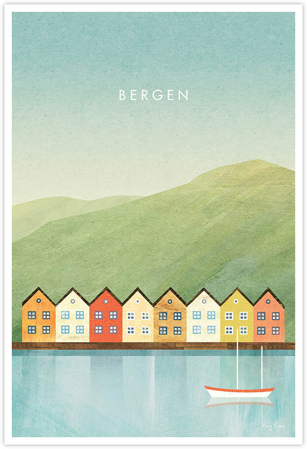 Bergen, Norway Travel Poster - Art Print by Henry Rivers / Travel Poster Co. - Visit Bergen poster art by Henry Rivers. Colourful houses on the waterfront in Bergen. A boat in foreground, distant hills.