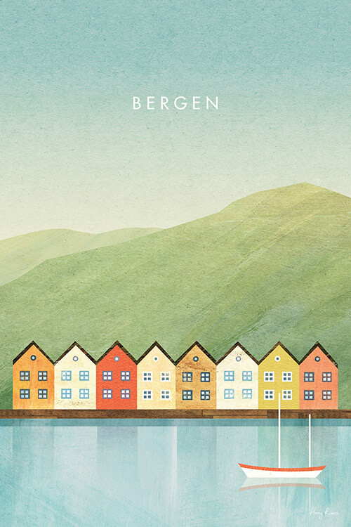 Bergen Travel Poster - Minimalist Vintage Travel Poster Art Print by artist Henry Rivers. The beautiful port of Bergen in Norway, with a brightly coloured row of houses in the harbour.