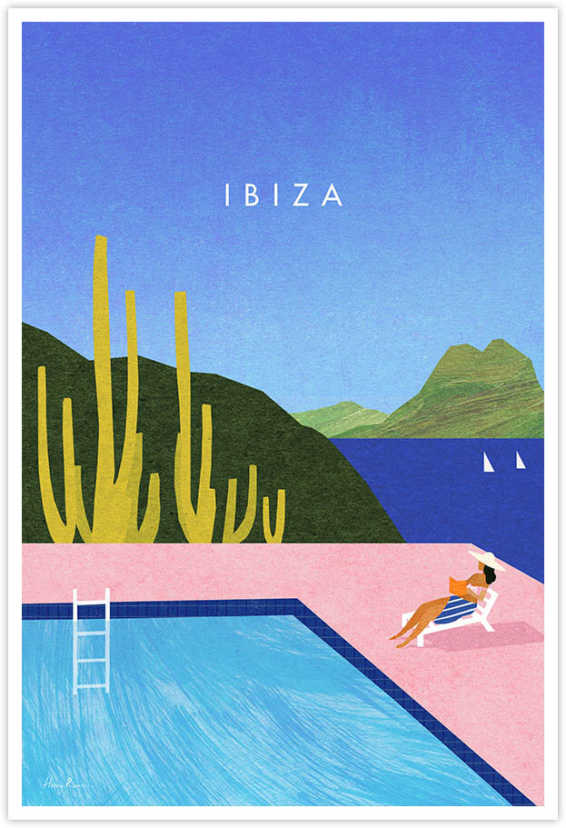 Ibiza, Spain Travel Poster - Art Print by Henry Rivers / Travel Poster Co. - Visit Ibiza poster art by Henry Rivers. A woman sunbathing on the edge of swimming pool. Sea in the distance.