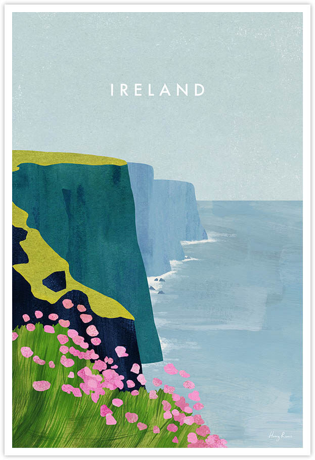 Ireland, Cliffs of Moher Travel Poster - Art Print by Henry Rivers / Travel Poster Co. - Visit Ireland poster art by Henry Rivers. Beautiful Irish landscape of green cliffs, pink wild flowers and a stormy ocean.