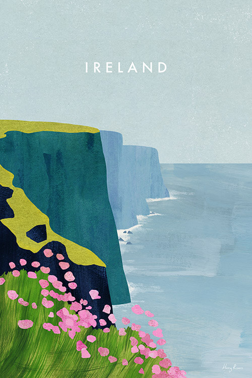  Ireland, Cliffs of Moher Travel Poster - Minimalist Vintage Travel Poster Art Print by artist Henry Rivers. Simple, modern art of bold green shapes and painted textures.