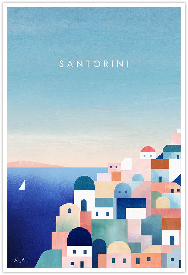 Santorini, Greece Travel Poster - Art Print by Henry Rivers / Travel Poster Co. - Visit Santorini poster art by Henry Rivers. Iconic scene of the white houses and blue domes of Ola in Santorini. The ocean and distant island beyond.